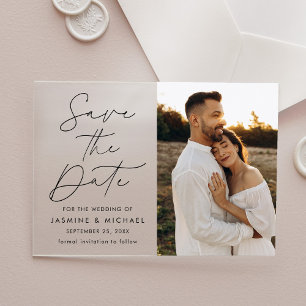 Modern Black Script Photo Save The Date Acrylic Invitations