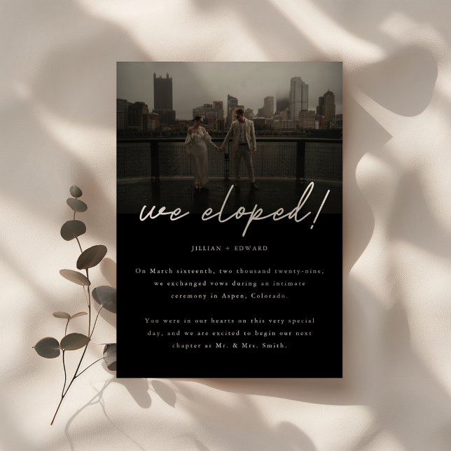 Modern Black Script Photo Wedding Elopement Announcement (Creator Uploaded)