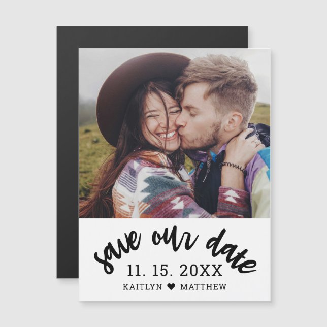Modern Black Script Photo Wedding Save Our Date Magnetic Invitation (Front/Back)