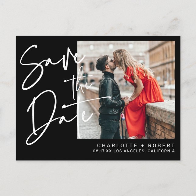 Modern black script photo wedding save the date announcement postcard (Front)