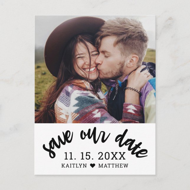 Modern Black Script Photo Wedding Save the Date Announcement Postcard (Front)