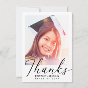 Modern Black Script Photo White Graduation Thank You Card