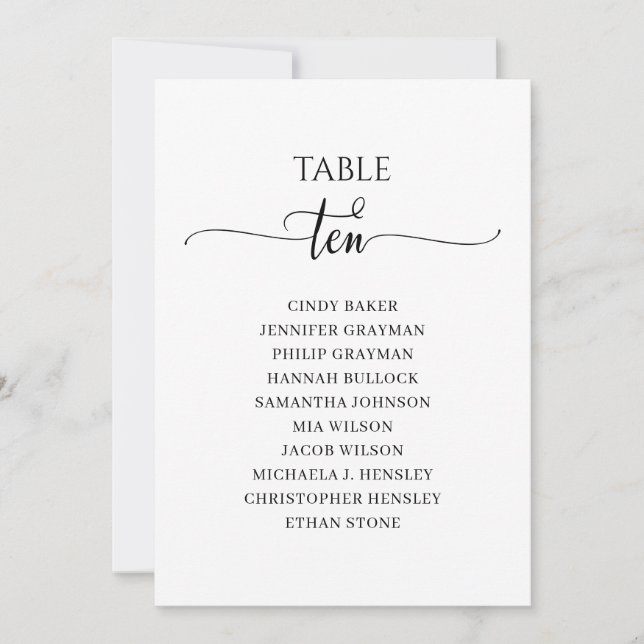Modern Black Script Table Number 10 Seating Chart (Front)