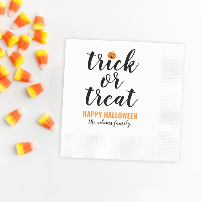 Modern Black Script Trick or Treat Family Name Napkin (Creator Uploaded)