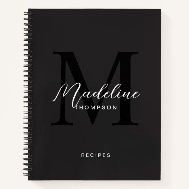 Modern Black Script Typography Monogram Recipe Notebook (Front)