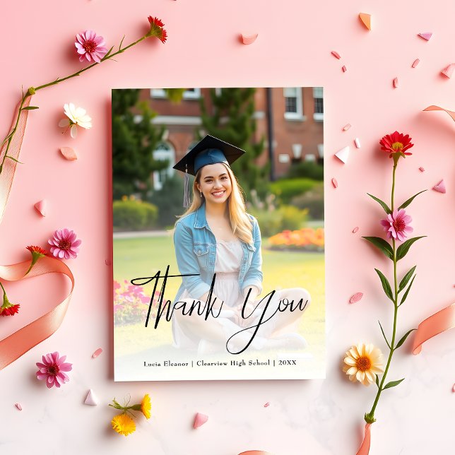 Modern Black Script Typography Photo Graduation Thank You Card (Creator Uploaded)