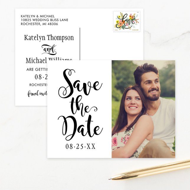 Modern Black Script Wedding Photo Save the Date Announcement Postcard (Creator Uploaded)
