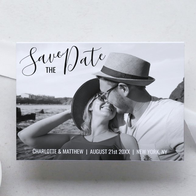 Modern Black Script Wedding SAVE THE DATE w/ PHOTO Announcement Postcard (Creator Uploaded)