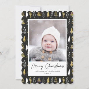 Modern Black Seamless Gold White Forest Pine Tree  Holiday Card