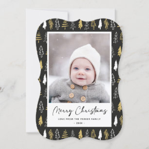 Modern Black Seamless Gold White Forest Pine Tree  Holiday Card