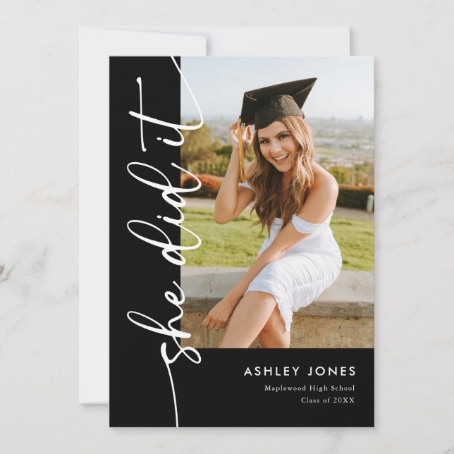 Modern Black She Did It Photo Graduation Invitation (Front)