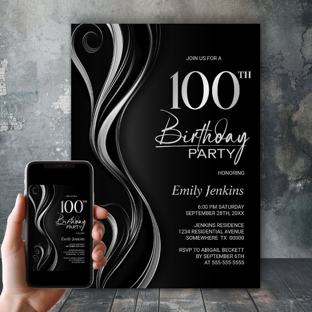 Modern Black Silver 100th Birthday Party Invitation (Creator Uploaded)