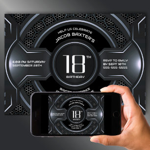 Modern Black Silver 18th Birthday Party Invitation