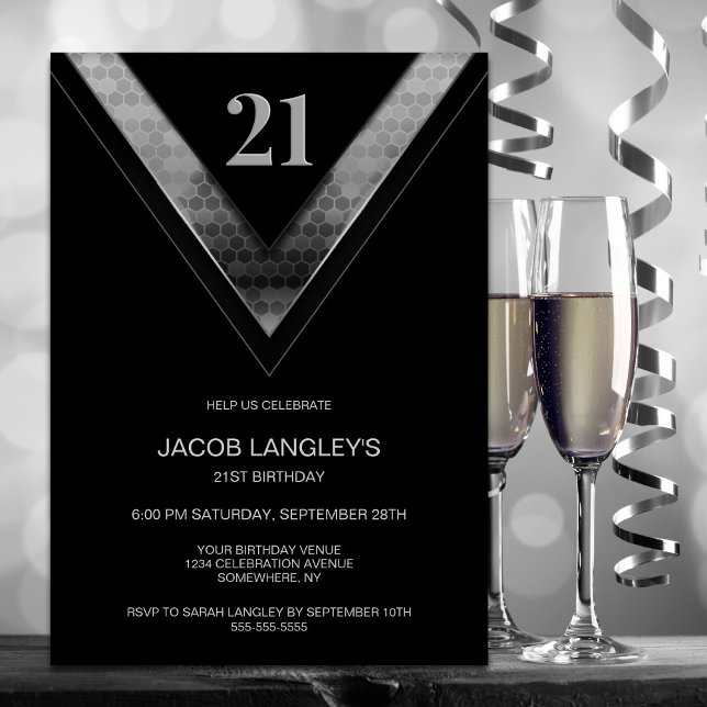 Modern Black Silver 21st Birthday Party Invitation (Creator Uploaded)