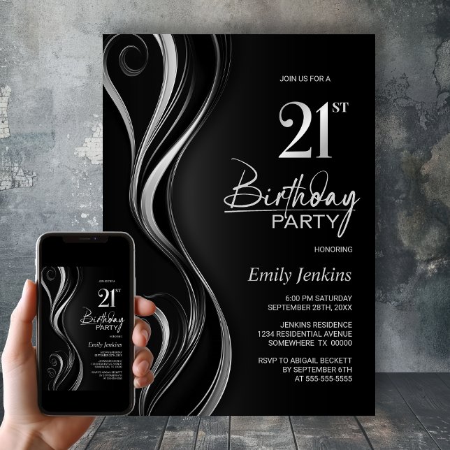 Modern Black Silver 21st Birthday Party Invitation (Creator Uploaded)