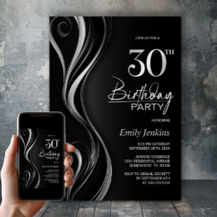 Modern Black Silver 30th Birthday Party Invitation
