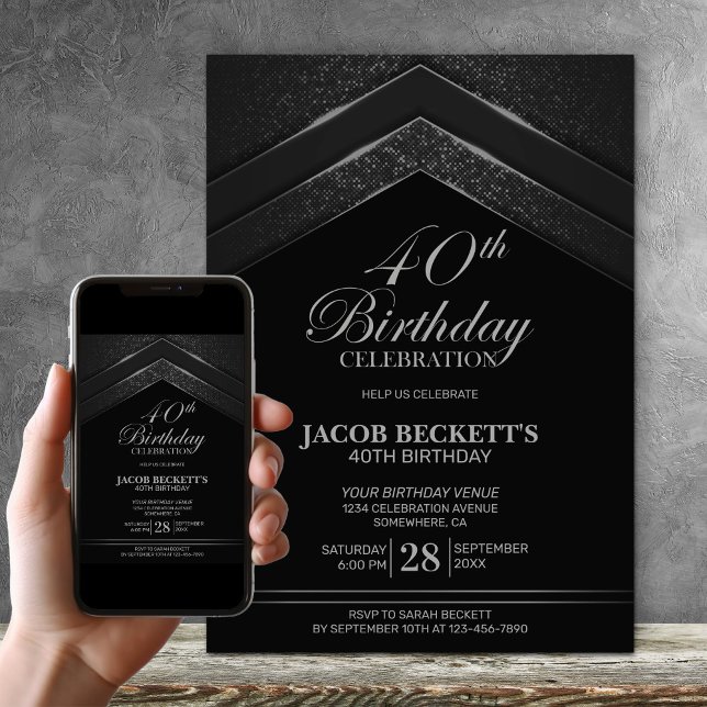 Modern Black Silver 40th Birthday Party Invitation (Creator Uploaded)
