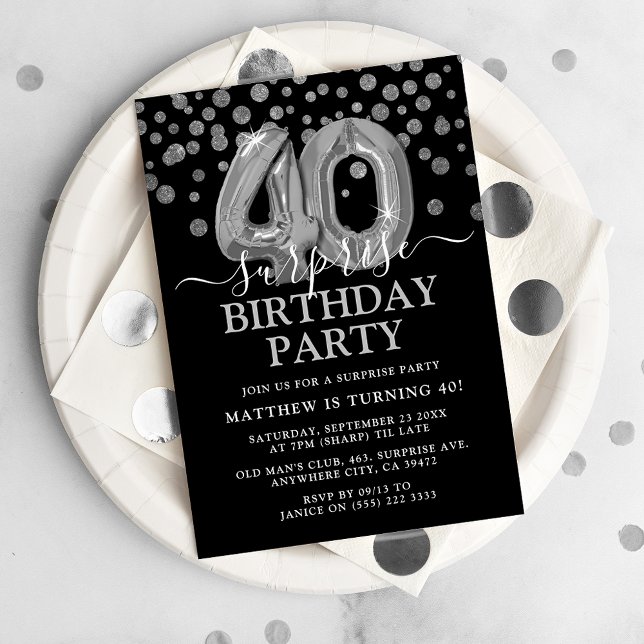 Modern Black & Silver 40th Surprise Birthday Party Invitation (Creator Uploaded)