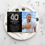 Modern Black & Silver 40th Surprise Birthday Photo Invitation<br><div class="desc">Modern black and silver surprise birthday party invitation for someone who is turning 40! Featuring a black background,  a photograph of the birthday man/woman,  faux silver glitter confetti,  silver 40th birthday balloons and an elegant birthday template that is easy to customise.</div>