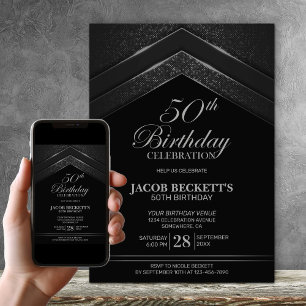 Modern Black Silver 50th Birthday Party Invitation