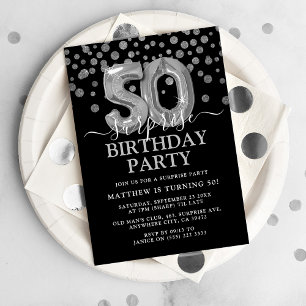 Modern Black & Silver 50th Surprise Birthday Party Invitation