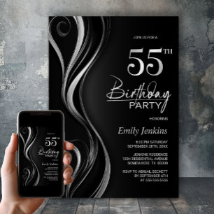 Modern Black Silver 55th Birthday Party Invitation