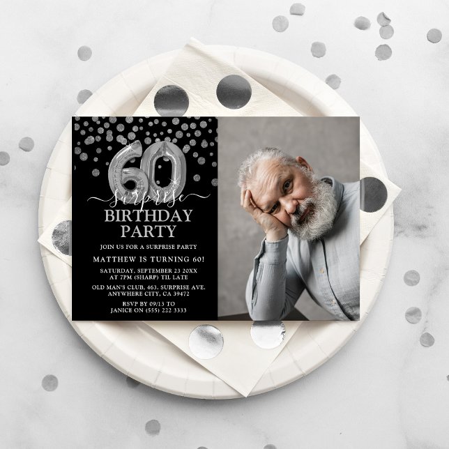 Modern Black & Silver 60th Surprise Birthday Photo Invitation (Creator Uploaded)