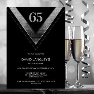 Modern Black Silver 65th Birthday Party Invitation