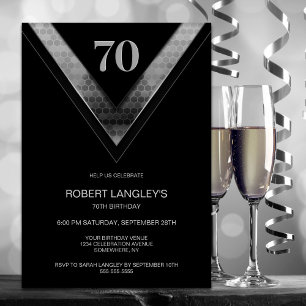 Modern Black Silver 70th Birthday Party Invitation