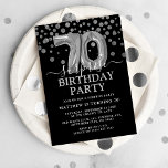 Modern Black & Silver 70th Surprise Birthday Party Invitation<br><div class="desc">Modern black and silver surprise birthday party invitation for someone who is turning seventy! Featuring a black background,  faux silver glitter confetti,  silver 70th birthday balloons and an elegant birthday template that is easy to customise.</div>