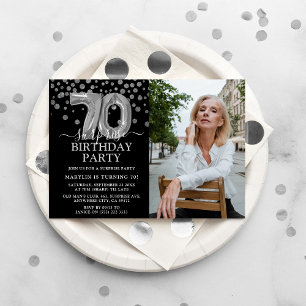 Modern Black & Silver 70th Surprise Birthday Photo Invitation