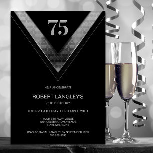 Modern Black Silver 75th Birthday Party Invitation