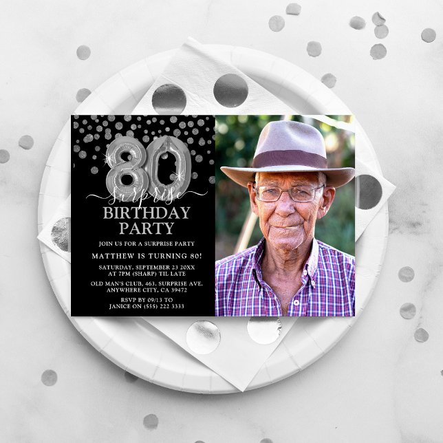 Modern Black & Silver 80th Surprise Birthday Photo Invitation (Creator Uploaded)