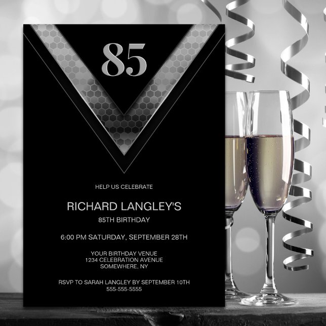 Modern Black Silver 85th Birthday Party Invitation (Creator Uploaded)