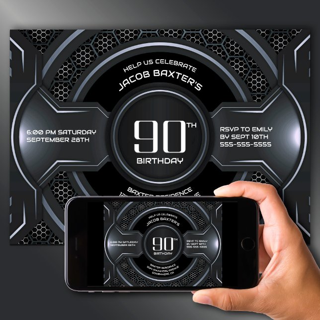 Modern Black Silver 90th Birthday Party Invitation (Creator Uploaded)