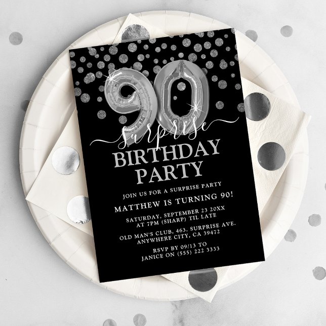 Modern Black & Silver 90th Surprise Birthday Party Invitation (Creator Uploaded)