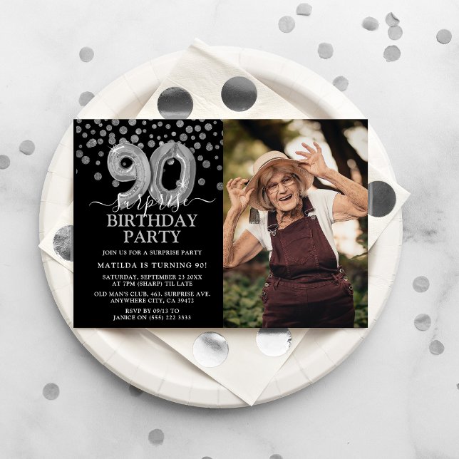 Modern Black & Silver 90th Surprise Birthday Photo Invitation (Creator Uploaded)