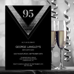 Modern Black Silver 95th Birthday Party Invitation