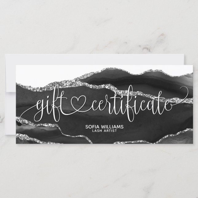 Modern Black silver Agate Certificate Gift Card (Front)