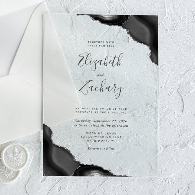 Modern Black Silver Agate Corners Wedding Acrylic Invitations (Creator Uploaded)