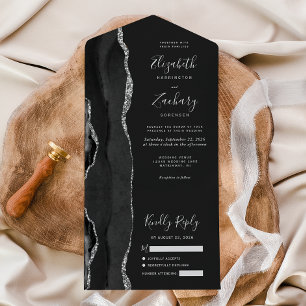 Modern Black Silver Agate Dark Wedding All In One Invitation