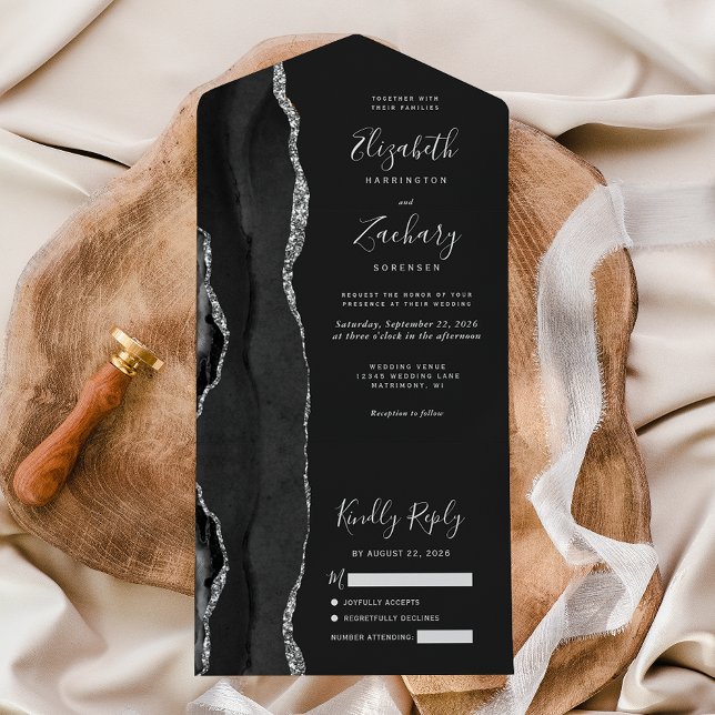 Modern Black Silver Agate Dark Wedding All In One Invitation (Creator Uploaded)