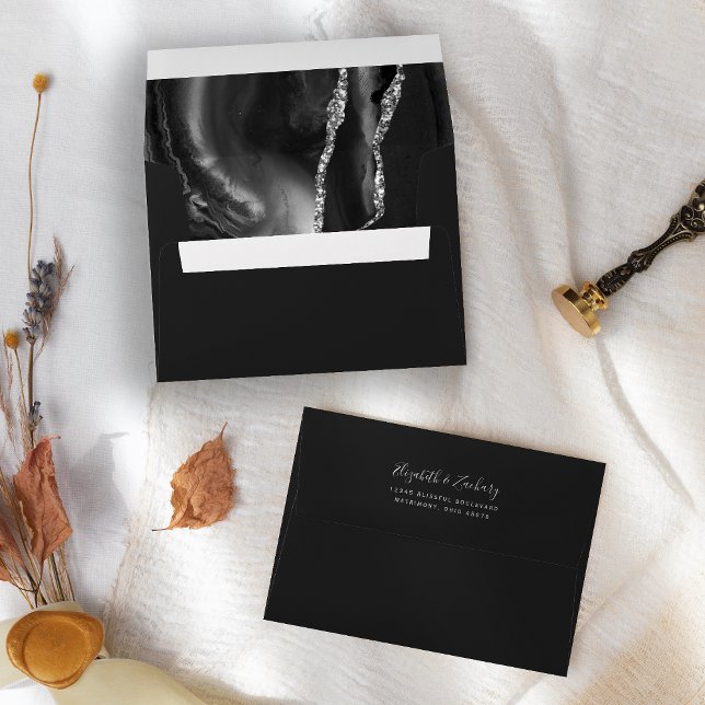Modern Black Silver Agate Dark Wedding Envelope (Creator Uploaded)