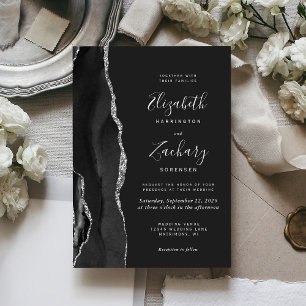 Modern Black Silver Agate Dark Wedding Invitation