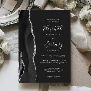 Modern Black Silver Agate Dark Wedding Invitation