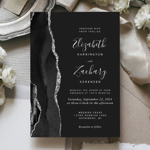 Modern Black Silver Agate Dark Wedding Invitation