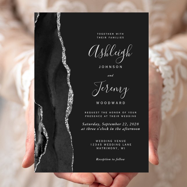 Modern Black Silver Agate Dark Wedding Invitation (Creator Uploaded)
