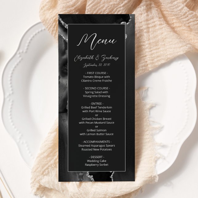 Modern Black Silver Agate Dark Wedding Menu (Creator Uploaded)