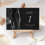Modern Black Silver Agate Dark Wedding Table Number<br><div class="desc">The left-hand edge of this elegant modern wedding table number card features a black watercolor agate border trimmed with faux silver glitter. The customisable text combines silver grey handwriting,  italic and copperplate fonts on an off-black background.</div>