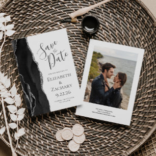 Modern Black Silver Agate Photo Save the Date